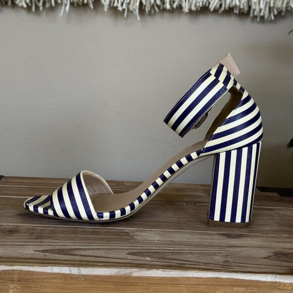 J. Crew Leather Light Cream Navy Stripe Ankle Strap Open Toe Block Heel Sandals - Picture 11 of 16